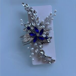 Elegant Silver and Blue Hair Clip With Pearls